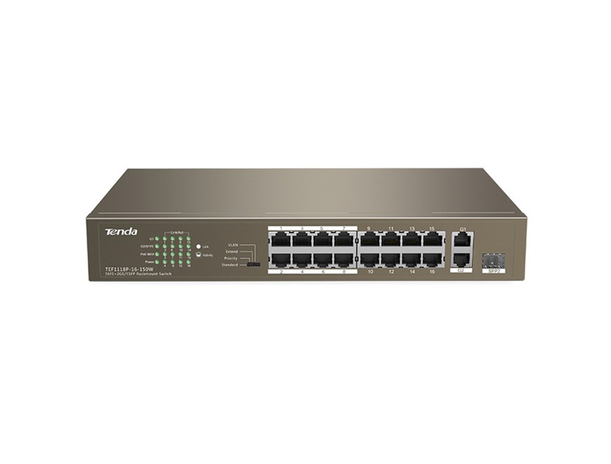 53207 TENDA TEF1118P-16-150W 16FE PoE Port (150W), 1GE Uplink, 1xCombo SFP Switch - KAR53207 - Görsel 1