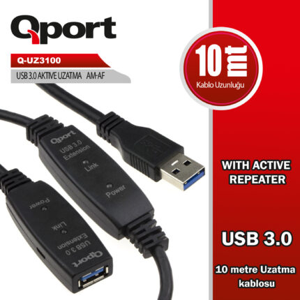 QPORT 10M USB3.0 AKTİF UZATMA KABLOSU REPEATERLI (Q-UZ3100) - KAR62192