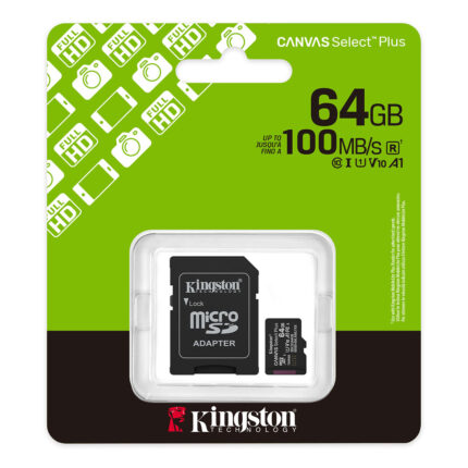 KINGSTON 64GB Canvas Select Plus MicroSDXC Class 10 Gen3 100MB/s A1 Card + Adapt - KAR63726